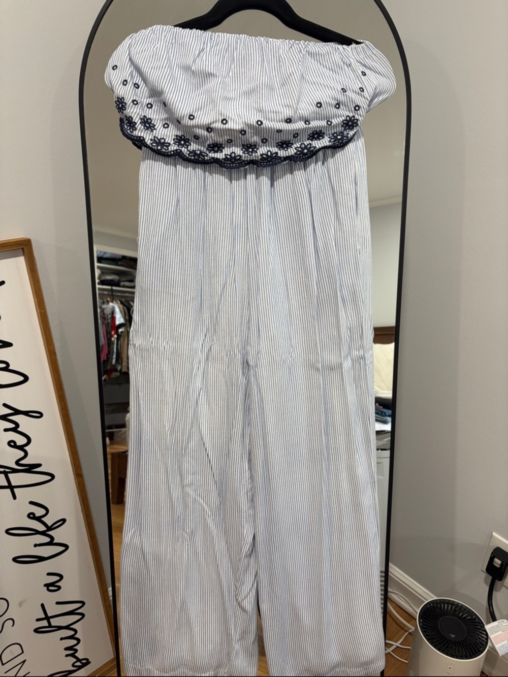 Striped Strapless Jumpsuit with Embroidered Ruffle